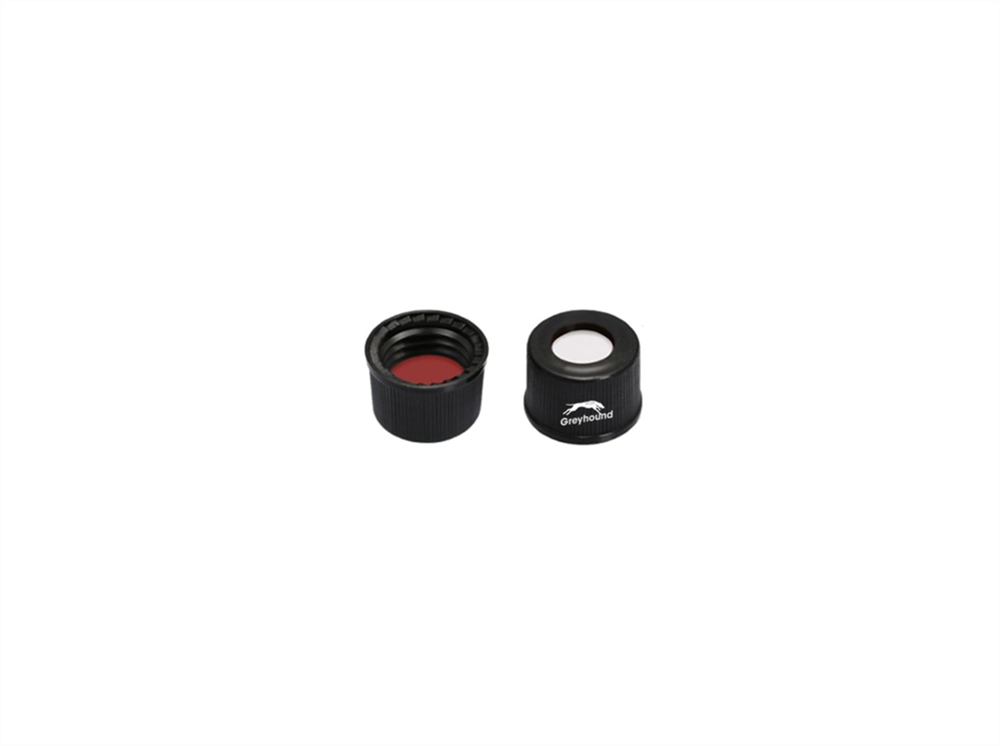 Picture of 8-425 Flanged Black Open Hole Polypropylene Screw Cap with Red PTFE/White Silicone/Red PTFE Septa, 1mm, (Shore A 45)